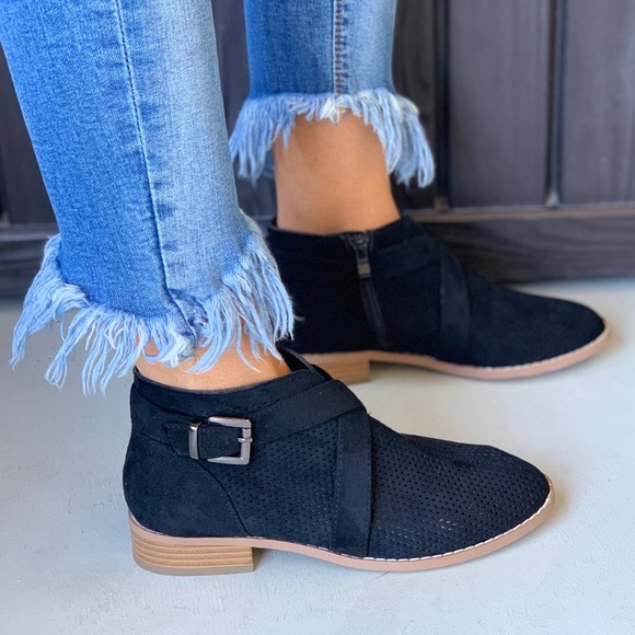 Black  Perforated Upper Buckle Detail Ankle Boots - Picture 2 of 7